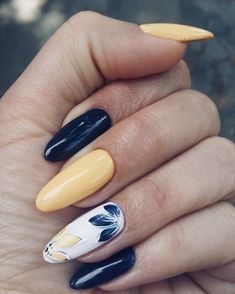 Mustard Yellow And Blue Nails, Yellow Matte Nails Design, Blue And Yellow Spring Nails, Blue Yellow And White Nails, Blue And Yellow Nail Art, Blue Yellow Nails Designs, Blue And Yellow Nails Acrylic, Blue And Yellow Nail Ideas, White Yellow Nails