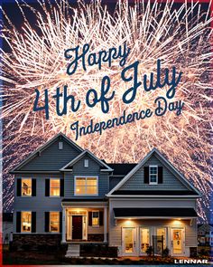 fireworks in the sky over a house with happy 4th of july written on it's side