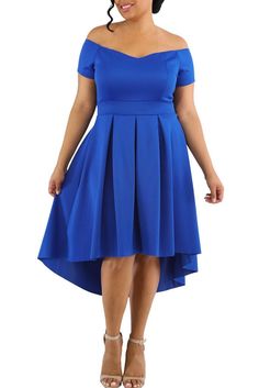 Robe Grande Taille Ceremonie Bleu Col Bardot Manches Courtes Blue Plus Size Dress, Blue Plus Size Dresses, Asymmetrical Dresses, Ceremony Dresses, Plus Size Party Dresses, Off Shoulder Dresses, Statement Dress, 2017 Summer, Cocktail Party Dress