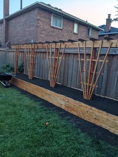 a backyard with a wooden fence and green grass