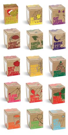 six boxes with different types of food on them, all labeled in different colors and sizes