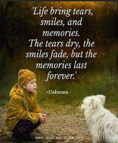 a little boy sitting next to a white dog on top of a dirt field with a quote from unknown