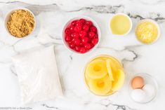 the ingredients to make this dessert include cherries, eggs, butter, and flour