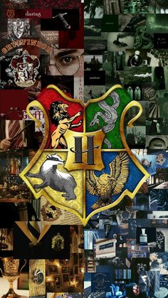 the harry potter crest collage is shown in many different colors and sizes, including black,