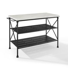 a white marble top shelf with black metal legs and two shelves on each side,