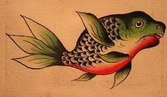 a drawing of a fish with green and red fins on it's back legs