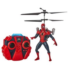 a spider - man figure next to a radio controlled helicopter on a white background with clippings