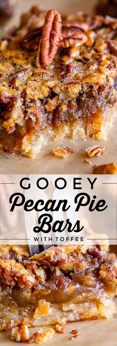 gooey pecan pie bars with pecans on top and the words gooey pecan pie bars below