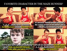 two young men sitting next to each other in front of a wall with the words, favorite character in the maze runner