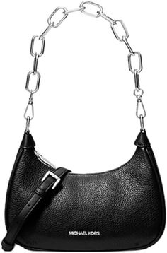 This Michael Kors Cora shoulder bag is the perfect addition to any stylish woman's collection. The bag is made of high-quality black leather and features silver hardware accents, including the handle/strap color. The bag is medium-sized, with dimensions of 9" width, 7" height, and 3" depth, making it perfect for everyday use. The bag has a zip closure, ensuring the safety of your belongings. The bag's solid pattern and black exterior and lining colors make it a versatile accessory that can be paired with a variety of outfits. The Michael Kors branding adds a touch of luxury to the bag. This bag is perfect for any occasions and can be used as a casual or formal accessory. Formal Accessories, Of Outfits, Black Exterior, Shoulder Bag Black, Silver Hardware, Pebbled Leather, Stylish Women, Women Collection, Leather Shoulder Bag