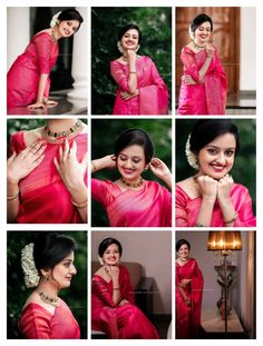 a collage of photos showing different styles of women in red sari and necklaces