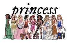 a group of women standing next to each other with the word princess written on them