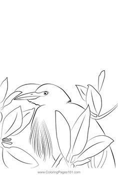 a black and white drawing of a bird sitting on a branch with leaves in the background