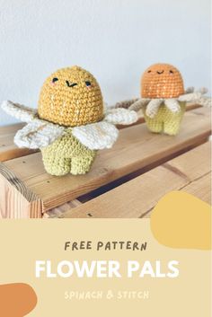 two crocheted dolls sitting on top of a wooden table with text overlay that says free pattern flower pals