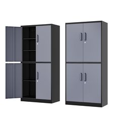 two metal lockers side by side, one with doors open and the other closed