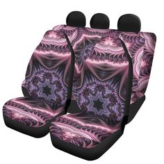 a car seat cover with an abstract design on the front and back seats in purple