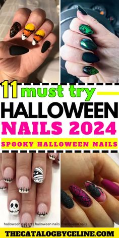 It’s Spooky Season: 11 Halloween Nail Art Ideas for October Mid Length Halloween Nails, Witchy Dip Nails, Halloween Nails Easy Design, Halloween Vacation Nails, Halloween Painted Nails, Halloween Sparkle Nails, Cateye Halloween Nail Designs, Halloween Nail Ideas 2024, Halloween 2024 Nails