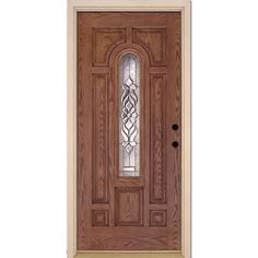 a wooden door with glass on it