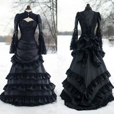 Vintage Gothic Wedding Dresses High Neck Satin Lace Ruffles Tiered Bridal Gowns  | eBay Gothic Mens Wedding Attire, Vintage 1900s Dresses, Victorian Dress Ideas, Long Victorian Dress, Goth Victorian Wedding Dress, Old Victorian Clothes, Steampunk Vampire Costume, 1800s Gothic Fashion, Vintage Gothic Wedding Dress