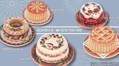 four different cakes are on plates with lace doily around them and the words creator's d in japanese