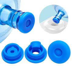 three different types of water bottles with lids and caps on the bottom one is blue, the other is white