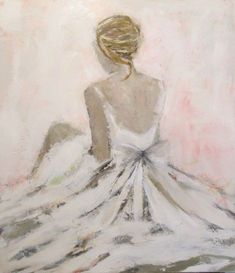 a painting of a woman in a white dress with her back turned to the camera