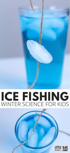 an ice fishing experiment in a glass filled with water and ice cubes for kids