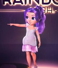 a girl in a purple dress pointing at the rainboach sign that says dash