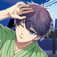 an anime character is holding his hair in the air