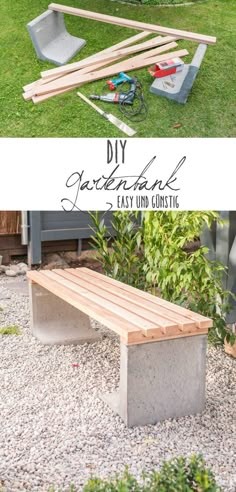 diy backyard bench made out of concrete and wood