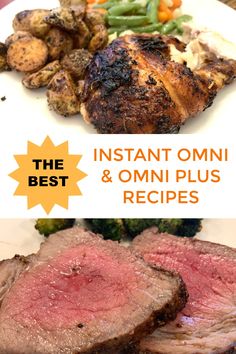 steak, potatoes and broccoli on a white plate with the words instant omni and omni plus recipes