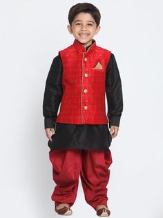 VASTRAMAY Boys' Maroon Cotton Silk Blend Ethnic Jacket, Black Kurta and Maroon Dhoti Pant Set A stylish ensemble for boys, featuring a maroon cotton silk blend ethnic jacket paired with a black kurta and maroon dhoti pant set. Key Features Includes a maroon ethnic jacket, black kurta, and maroon dhoti pant set. Made from comfortable cotton silk blend fabric. Perfect for festive occasions and celebrations. Specifications Color: Maroon (Jacket), Black (Kurta), Maroon (Dhoti Pant) Material: Cotton Black Long Sleeve Sherwani For Navratri, Traditional Winter Set With Zari Work, Traditional Black Nehru Jacket For Festive Season, Black Sets With Traditional Patterns For Eid, Black Long Sleeve Nehru Jacket For Diwali, Black Nehru Jacket For Festivals, Traditional Sets With Traditional Drape For Winter, Festive Black Nehru Jacket, Traditional Winter Sets With Traditional Drape