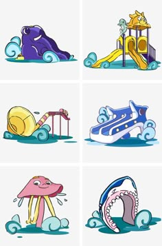 four different types of cartoon animals and their playground equipment, with the same color scheme