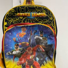 Justice League Backpack Multicolor Character Print Backpack, Multicolor Character Print Bags For Back To School, Red Backpack For School Events, Red Standard Backpack For School Events, Multicolor School Bag With Character Print, Back To School Multicolor Character Print Bags, Back To School Multicolor Bags With Character Print, Multicolor Character Print Standard Backpack, Red Backpack For School Events At Year End