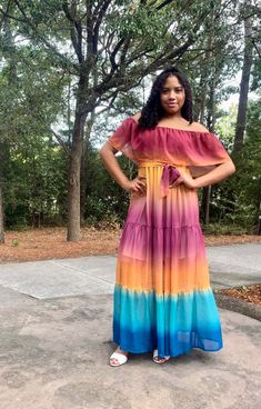 This item is available for local pick up from Magnolia, TX or select a shipping option and have it shipped directly to you. Spend over $99 and shipping is on me! Shake your maracas in this bright multi-colored dress! Add some fun and color to any event! This dress features a multi-colored ombre pattern, with an off the shoulder ruffle top that drapes down into a tiered bottom, and a removable tie waistline. Length: 52.5" on size medium Polyester Model is 5’8 wearing a size medium. Ombre Pattern, Multicolor Dress, Ruffle Top, Birdy, Xl Dress, Some Fun, Multi Colored, Magnolia, Off The Shoulder