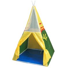 a teepee tent that is yellow and green