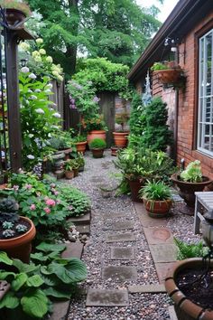 an outdoor garden with potted plants and gravel path leading up to the house door