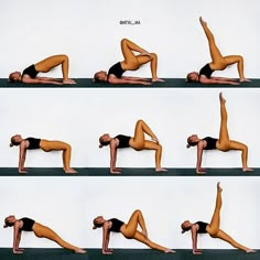 the woman is doing yoga poses on her stomach and arms, both in different positions