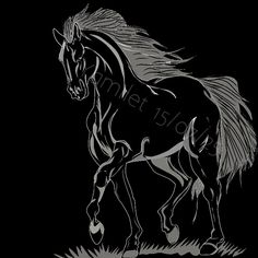 a black and white drawing of a horse running in the grass on a dark background