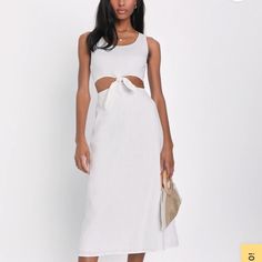 Vacay Season Just Got A Little Hotter With The Arrival Of The Lulus Stun All Summer White Linen Cutout Tie-Front Midi Dress! Crisp, Linen-Blend Fabric Shapes This Flattering, Sunshine-Ready Dress That Has Wide Tank Straps And A Scoop Neckline, All Atop A Flattering Darted Bodice. Waist Boasts A Sultry Cutout With A Knotted Detail At The Center, Atop A Figure-Skimming Skirt That Ends At A Midi Hem. Hidden Zipper/Clasp At Back. White Cutout Summer Dress, Summer White Cutout Dresses, White Cutout Beach Dress, White Cutout Maxi Dress For Summer, Summer White Cutout Maxi Dress, White Cutout Maxi Dress For Beach, White Cutout Maxi Dress For Vacation, White Midi Dress With Tie Back For Vacation, White Tie-back Midi Dress For Vacation