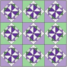 an image of a quilt pattern with squares in purple and green