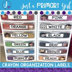 the drawers are organized with labels and name tags to help students organize their classroom's organization