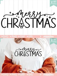 a woman wearing a merry christmas t - shirt with the words merry christmas on it