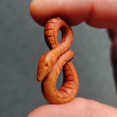 a tiny wooden object in the shape of a snake's tail is being held by a hand