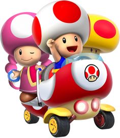 an image of two people riding on a toy car with mushroom characters in the back