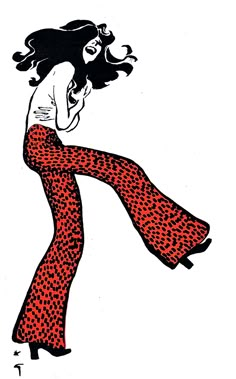 a drawing of a woman in red and black patterned pants with her hair blowing back