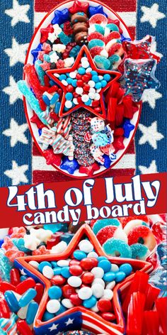 the fourth of july candy board is full of red, white and blue candies