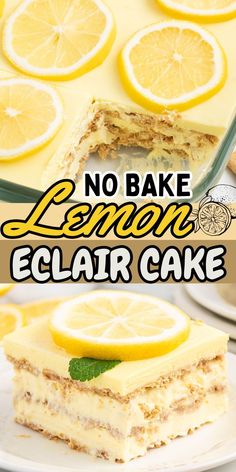 no bake lemon eclair cake on a plate with the title overlay