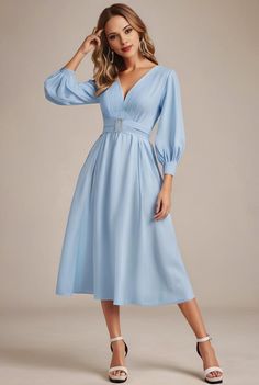 chiffon v neck long sleeves elastic band midi wedding guest dress 100395 V-neck Midi Dress For Semi-formal Summer Occasions, Spring V-neck Midi Dress For Office, Casual V-neck Wedding Dress, Spring Office V-neck Midi Dress, Semi-formal Spring V-neck Midi Dress, Spring Semi-formal V-neck Midi Dress, Spring Semi-formal Solid Midi Dress, V-neck Midi Dress For Fall Wedding, Casual V-neck Midi Dress For Semi-formal Occasion