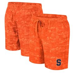 Carry your Syracuse Orange pride with you as you vacation by sporting these Colosseum Ozark swim shorts. An interior mesh lining promotes breathability, while an elastic waistband adjusts the fit to your perfect size. An eye-catching pattern adds flair to the classic Syracuse Orange graphics for a spirited poolside look. Officially licensed Imported Material: 92% Polyester/8% Spandex - Body; 100% Polyester - Liner Embroidered fabric applique Interior mesh lining Machine wash, tumble dry low Elas Short Swim Trunks For Summer Sports Events, Summer Short Swim Trunks For Sports, Moisture-wicking Nylon Swimwear For Sports Events, Summer Sports Shorts, Moisture-wicking Swimwear For Sports, Collegiate Athletic Shorts For Summer Sports, Collegiate Style Athletic Shorts For Summer Sports, Sporty Cotton Athletic Shorts For Beach Season, Beach Season Sports Shorts With Elastic Waistband